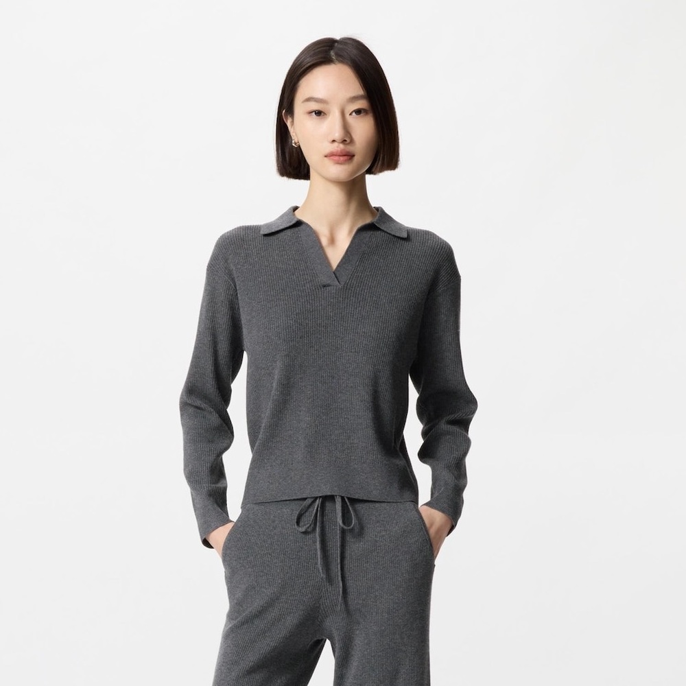 Uniqlo Women's Charcoal Washable Ribbed Knit Polo Sweater size medium